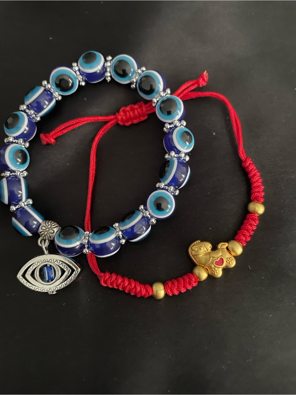 Blue Evil Eye Bead Bracelet Set with Red Cord and Gold Accent